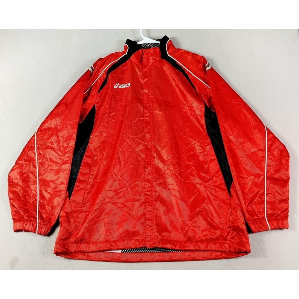 ASICS Jacket Mens‎ XL Red Black Hooded Full Zip Running Track Windbreaker